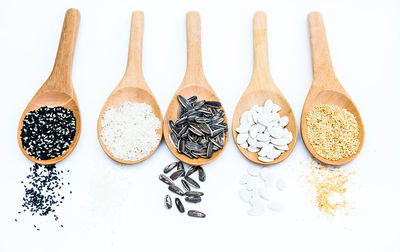 High angle view of candies against white background