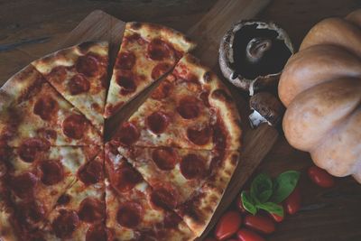 High angle view of pizza on table