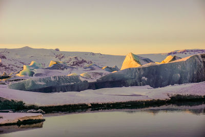 Scenic view of snowcapped mountains against sky during sunset