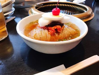 High angle view of food in bowl on table