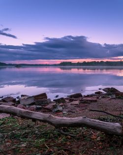 Scenic view of lake against sky during sunset