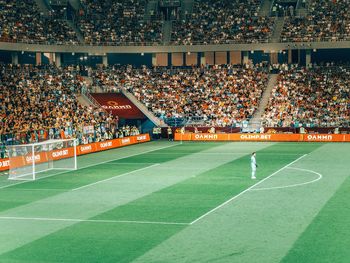 High angle view of people on soccer field