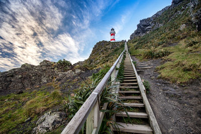 Lighthouse by mountains against sky