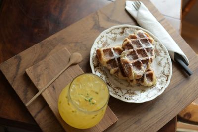 High angle view of breakfast on table