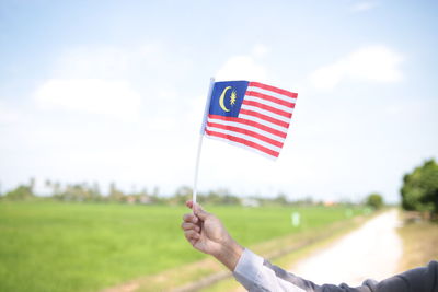 Hand holding flag against sky