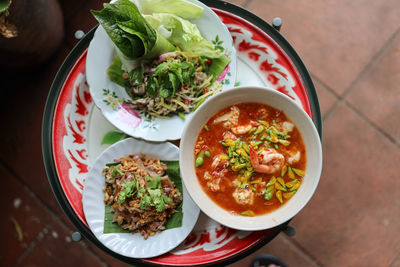 High angle view of salad in bowl on table