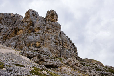 Low angle view of rocky mountains against sky