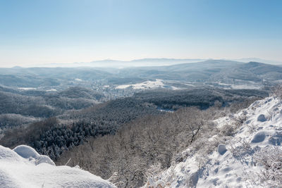Aerial view of snowcapped mountains against sky