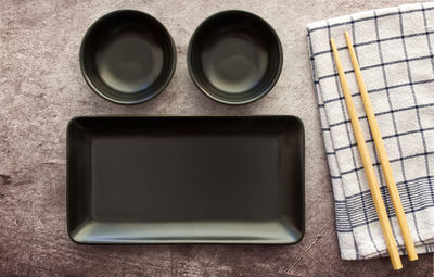 High angle view of objects on table