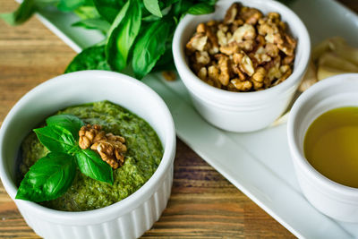 High angle view of meal served in bowl on table