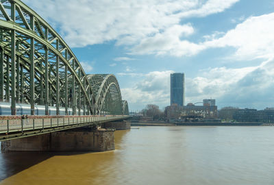 Bridge over river against buildings in city