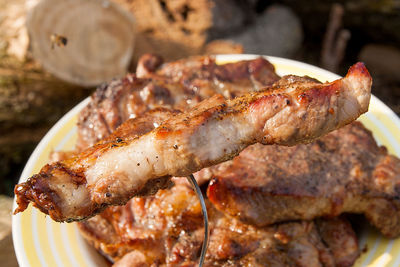 High angle view of meat in plate on table