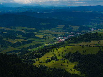 High angle view of agricultural field against sky