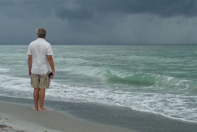 Rear view of man standing on beach against sky