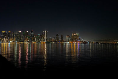 Illuminated buildings by river against sky at night