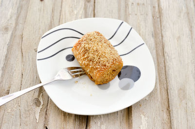 High angle view of dessert in plate on table