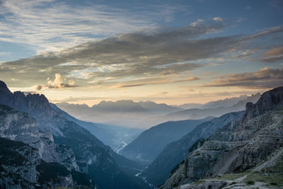 Scenic view of snowcapped mountains against sky during sunset