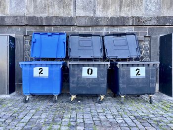 Garbage bin against brick wall