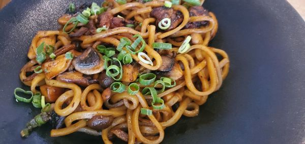High angle view of food served in plate