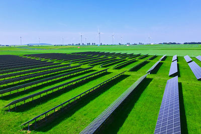 Solar panels in green field, aerial view