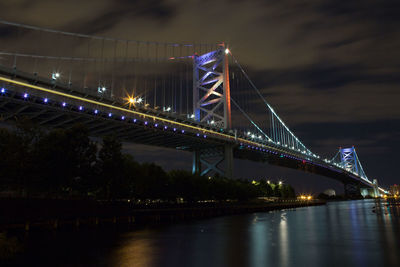 Low angle view of suspension bridge at night