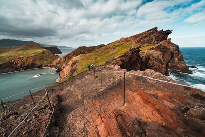 Scenic view of sea and mountains against sky