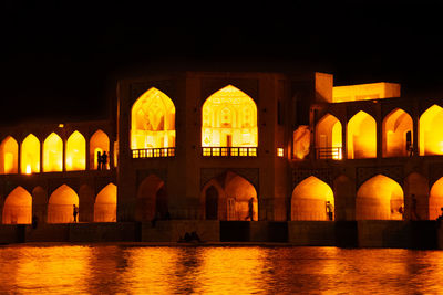 Reflection of building in water at night