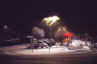 Illuminated street light in city at night during winter