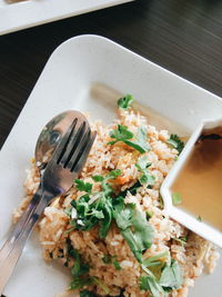 High angle view of food in plate on table