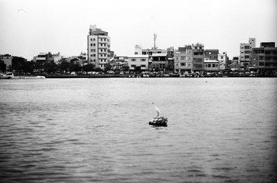 Scenic view of river by buildings against clear sky