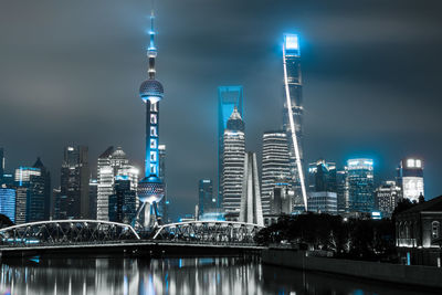 Illuminated buildings in city at night