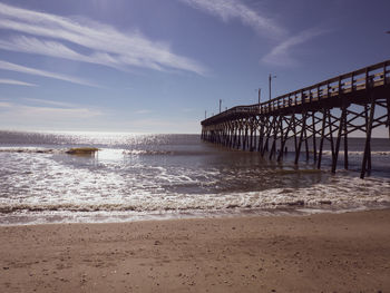 Beautiful clear blue sky day on the beach by the pier 