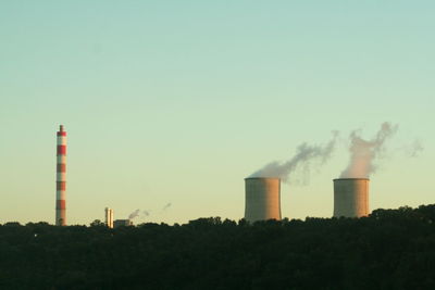 Smoke emitting from factory against clear sky