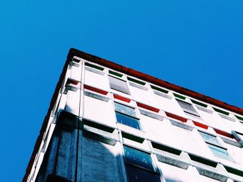 Low angle view of modern building against clear blue sky
