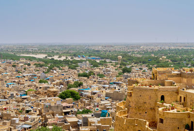 High angle view of townscape against clear sky