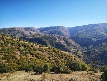 Scenic view of mountains against clear blue sky