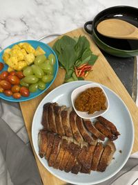 High angle view of breakfast served on table