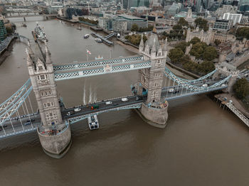 Aerial view of the tower bridge, central london, from the south bank of the thames.