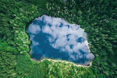 Aerial view of cloud reflections on water, lake eibensee near salzburg, austria.