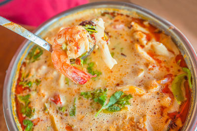 High angle view of soup in bowl on table