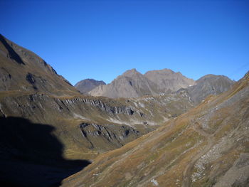 Scenic view of landscape and mountains against clear blue sky