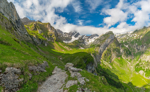 View of the village of meglisalp is a beautiful place in the swiss alps.