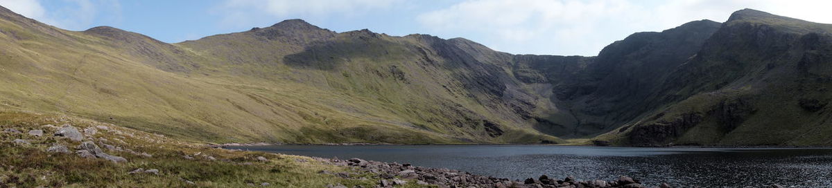 Panoramic view of lake and mountains against sky