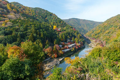 High angle view of river amidst trees against sky