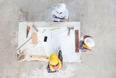 High angle view of man working at construction site