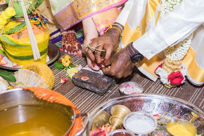 High angle view of people on food