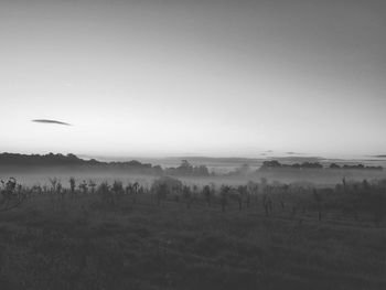 View of calm sea against clear sky in foggy weather