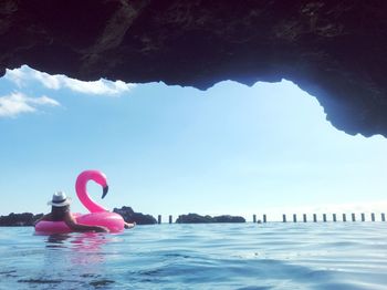 Swan floating on swimming pool against sky