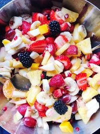 High angle view of chopped fruits in bowl