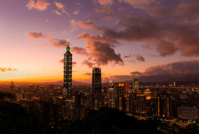 Aerial view of city buildings during sunset